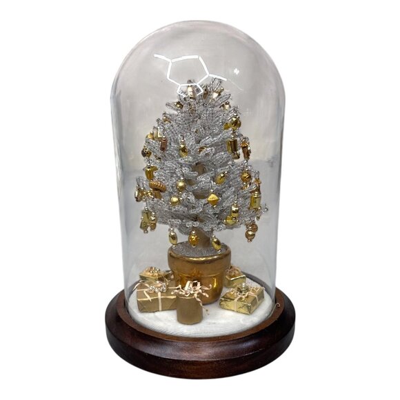 Vintage Silver Gold Beaded Mini Christmas Tree In Glass Dome Presents Wood Base - Picture 1 of 6